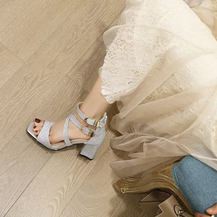 Square Heel Buckle Cross Strap Sandals