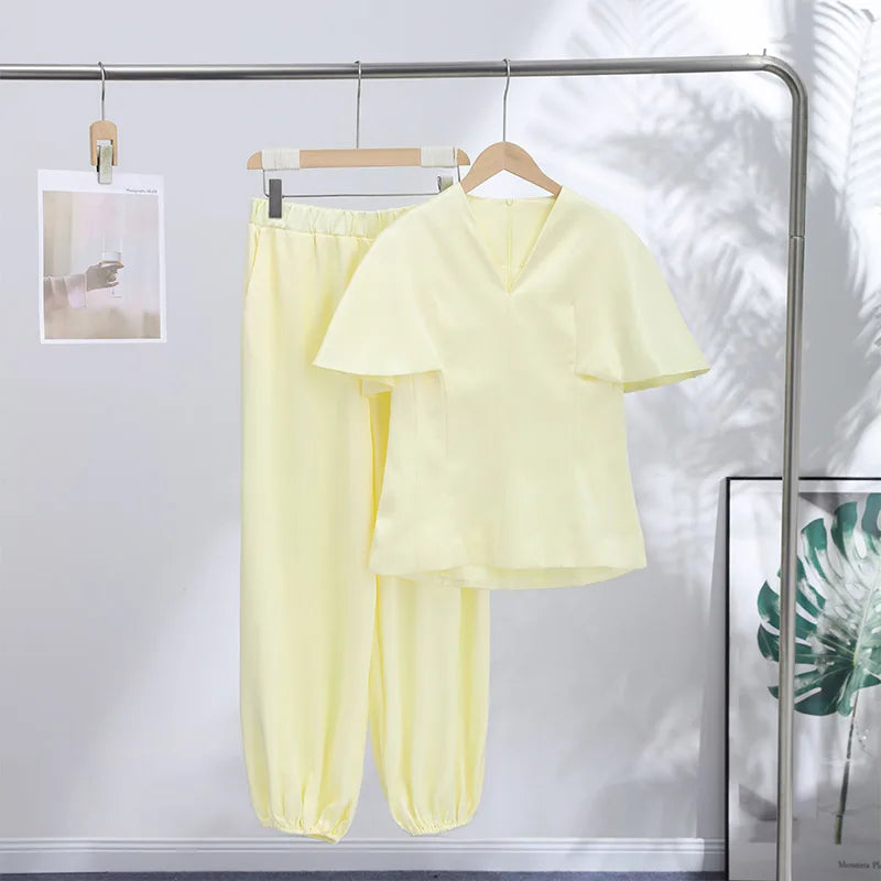 Casual V-Neck Top and Wide-Leg Pants Set for Women