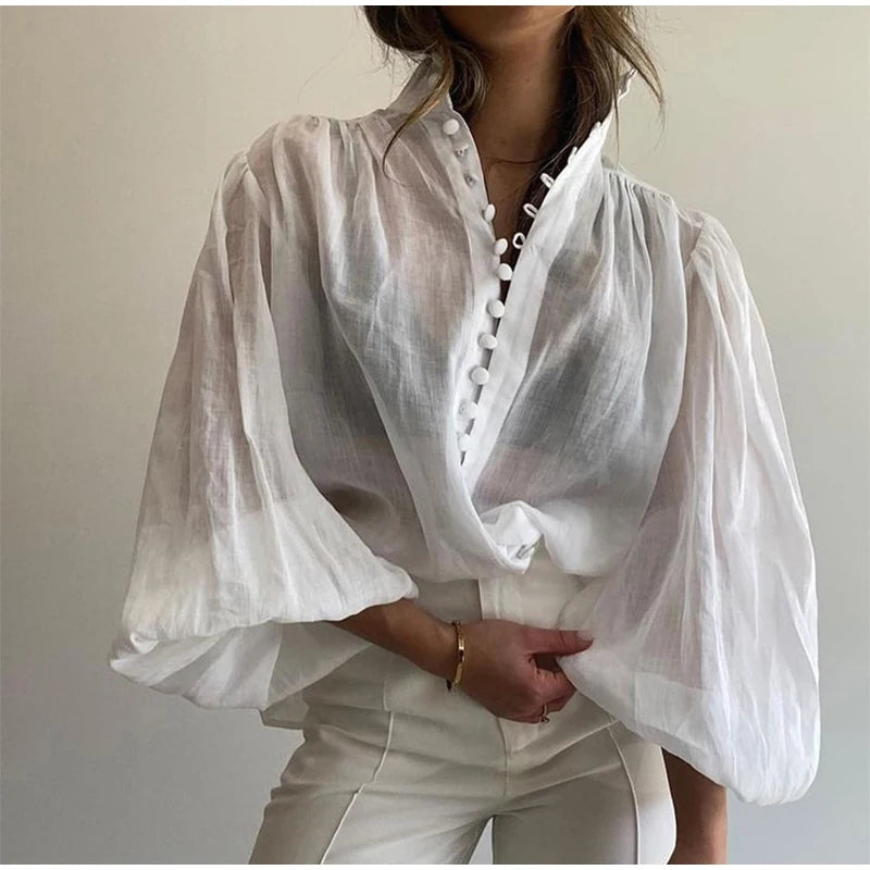 Elegant White Stand Collar Puff Sleeve Blouse for Women