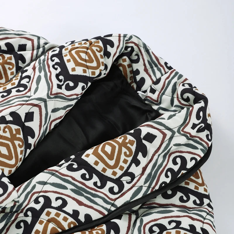 Printed Cotton Padded Winter Coat with V Neck for Women