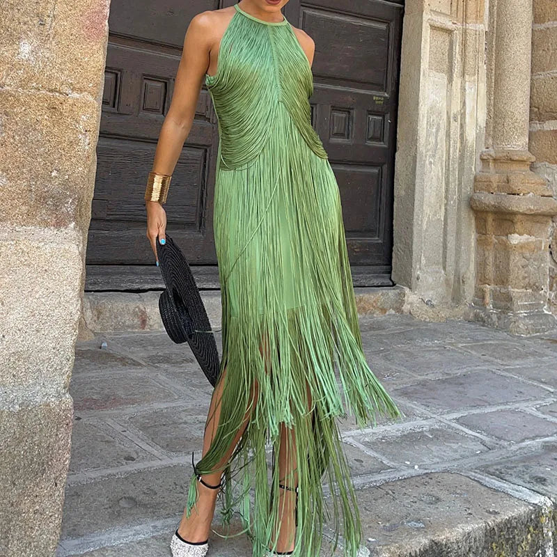 Elegant Tassel Splicing Solid Gowns Dress Women Fashion Hight Wasit Sleeveless Long Dress 2025 Sexy Backless Slim Evening Dress