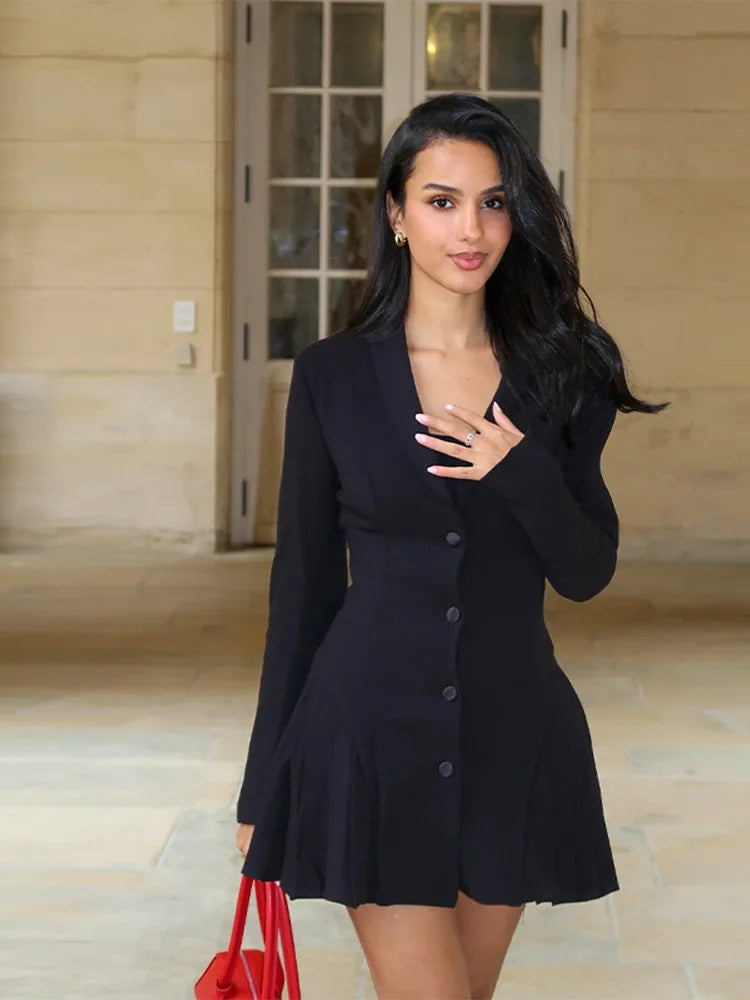 V Neck Pleated Patchwork With Long Sleeves Dress for Women