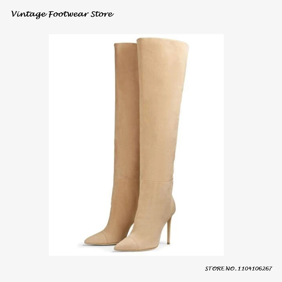 Yellow Suede Pointed Toe Knee-High Boots for Women