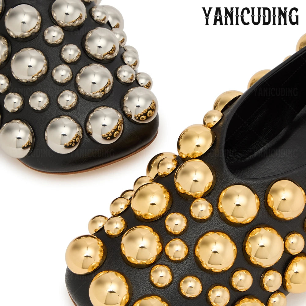Metallic Stud Embellished Square Toe Ballet Flats for Women