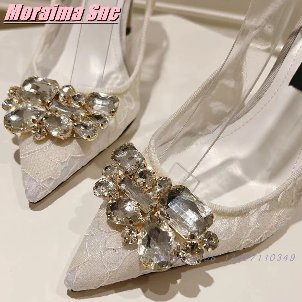 Elegant Crystal Lace Pointed Toe Slingback Sandals for Women