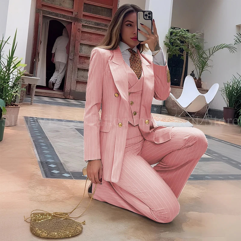Slim Fit Double Breasted Green Striped Suit Set For Women