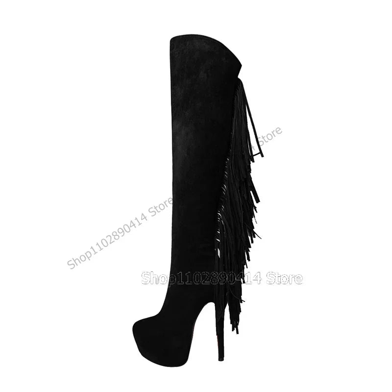 Black Tassel Platform Boots With Side Zipper For Women