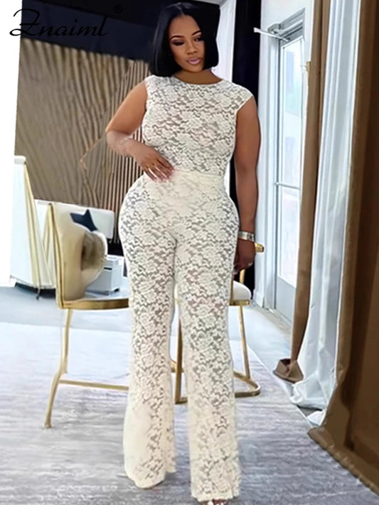 Znaiml Lace See Through Sexy Party Two Piece Set Sleeveless Bodysuits Top and Wide Leg Pants Women Summer Night Club Outfits