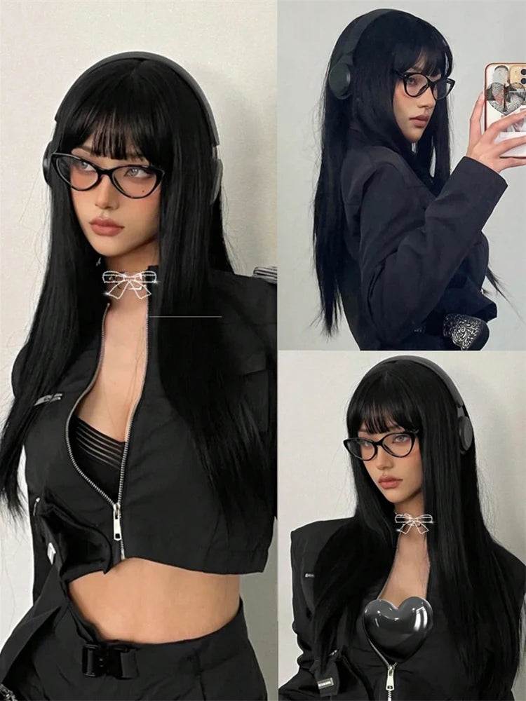 Long Straight Black Synthetic Wig With Bangs for Women