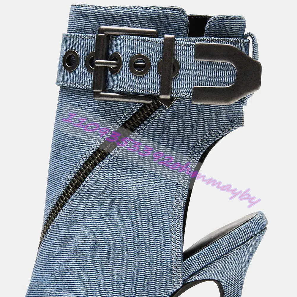Summer Blue Denim Pointed Toe High Heel Sandals With Buckle for Women