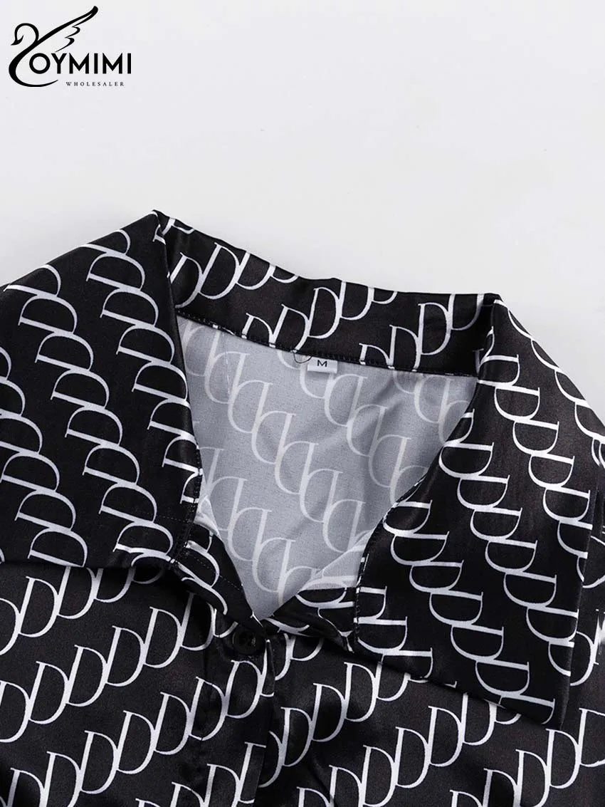 Oymimi Fashion Black Print Womens 2 Piece Outfit Set Elegant Lapel Long Sleeve Shirts And High Waisted Lopse Straight Pants Sets