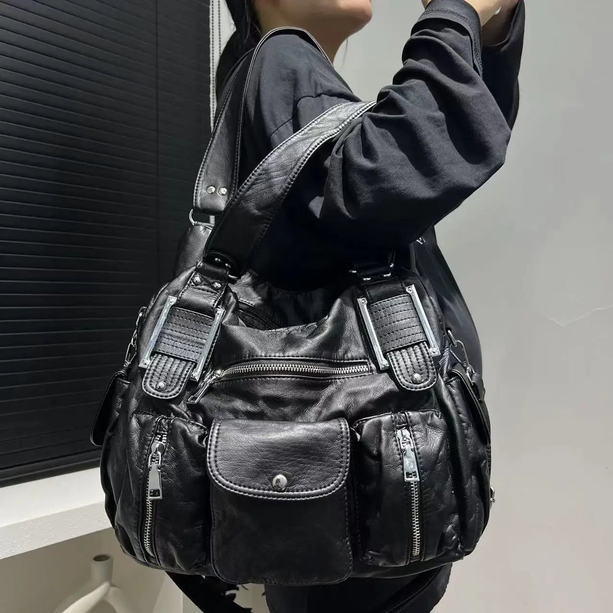 Y2K Multi-Pocket Motorcycle Shoulder Bag for Women