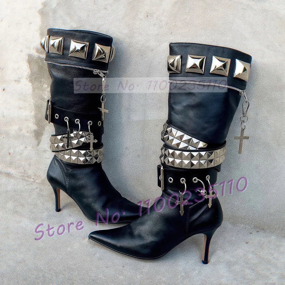 Black Pointed Toe Thin Heel Knee High Boots For Women