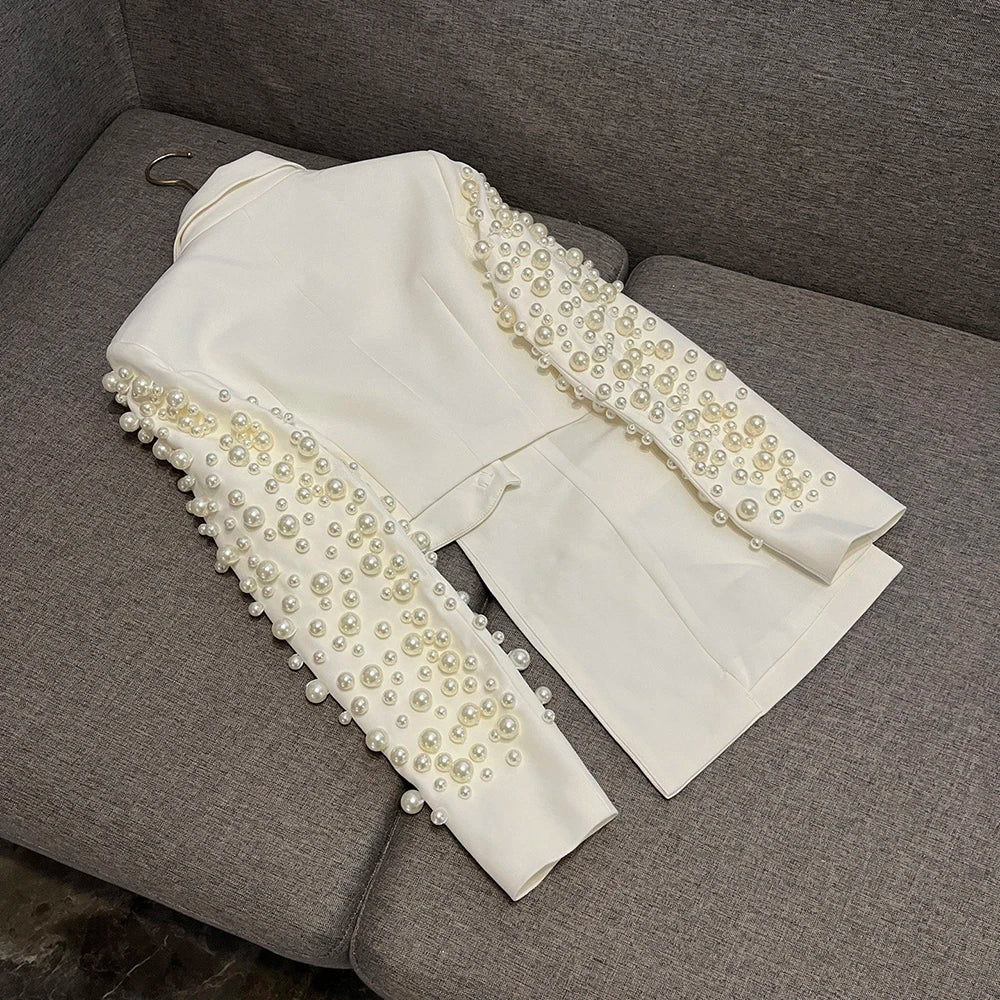 TWOTWINSTYLE Sexy Two Piece Sets For Women V Neck Long Sleeve Spliced Pearl Top High Waist Shorts Chic Set Female New KSE549891