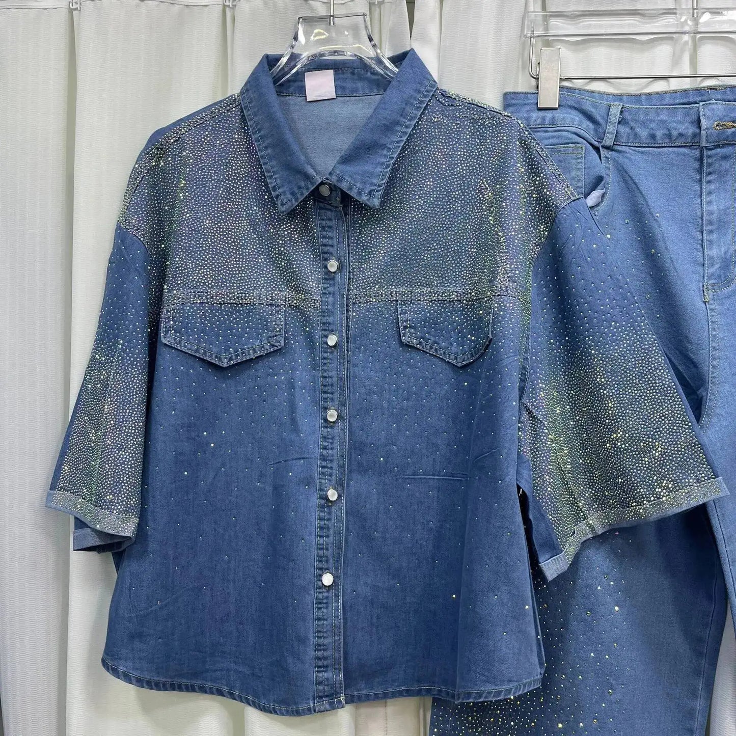 ANJY Autumn New Women's 2 Pieces Set Fashion Full Diamonds Short Sleeve Denim Shirt Elegant Fresh Straight Chic Ins Jeans A15818
