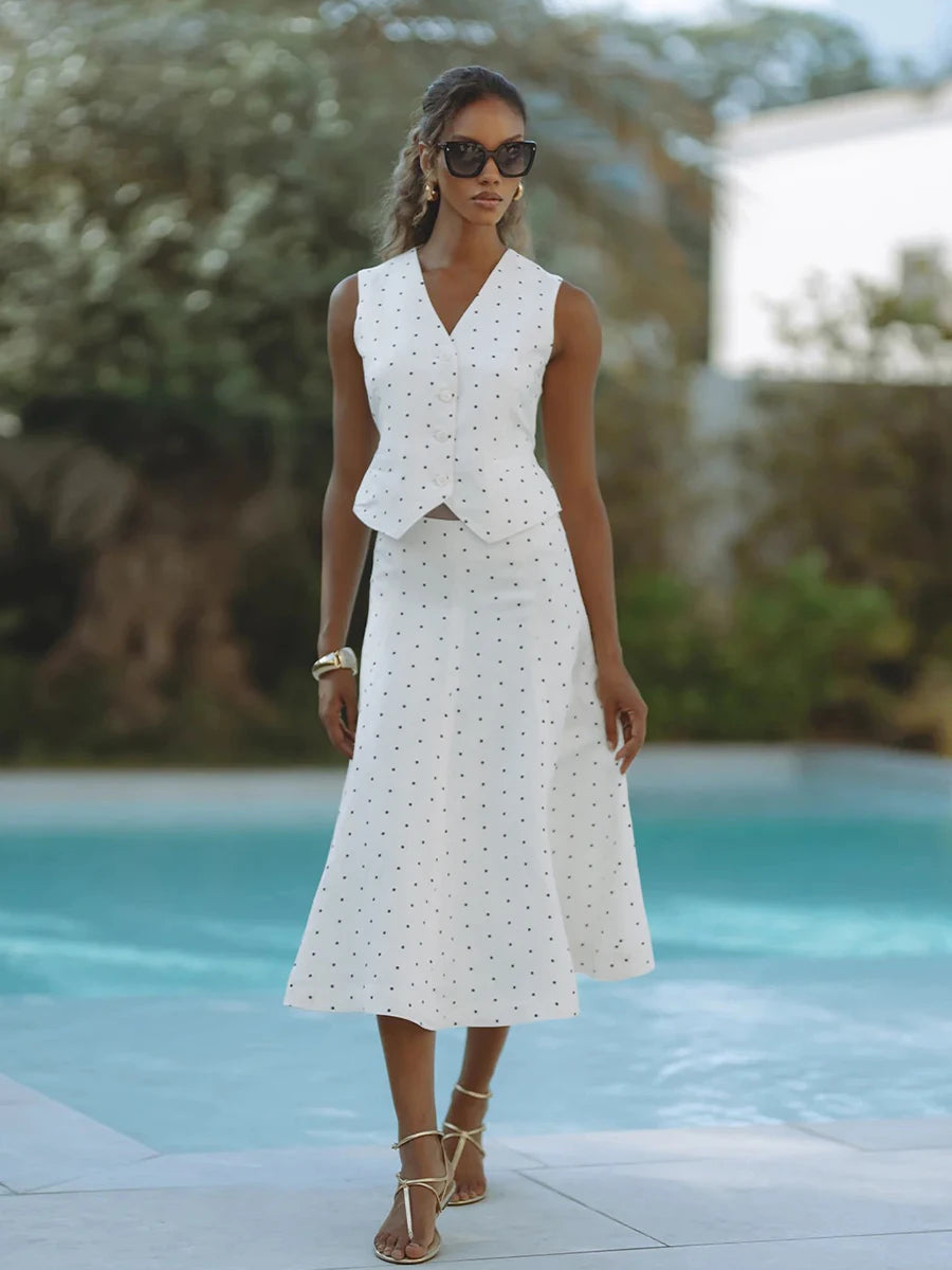 Elegant Polka Dot V Neck Sleeveless Two Piece Set For Women