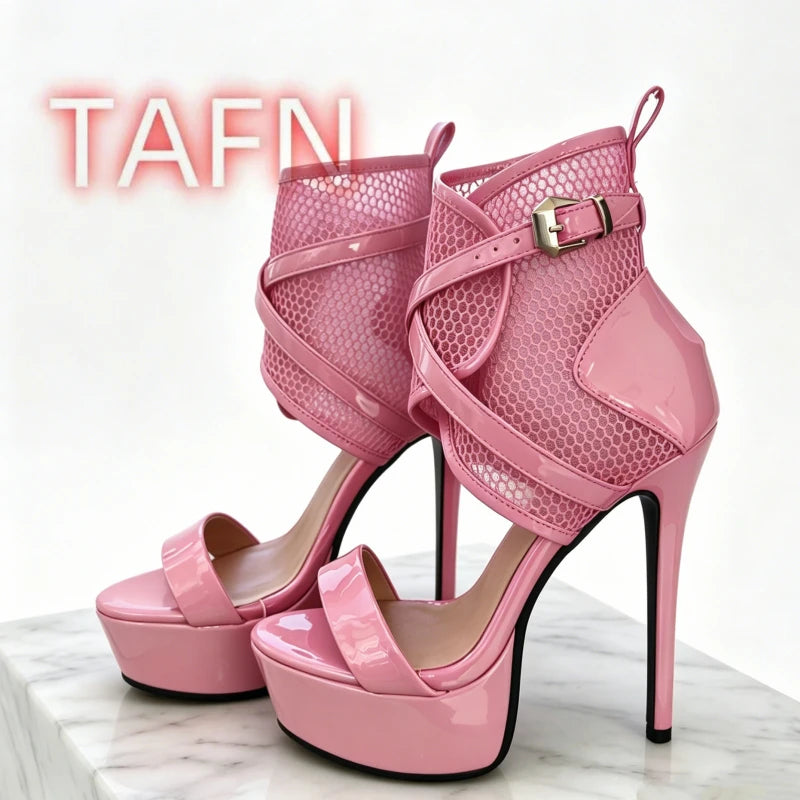 Peep Toe Mesh Caged Sandals With Patent Leather Platform Plus Size for Women