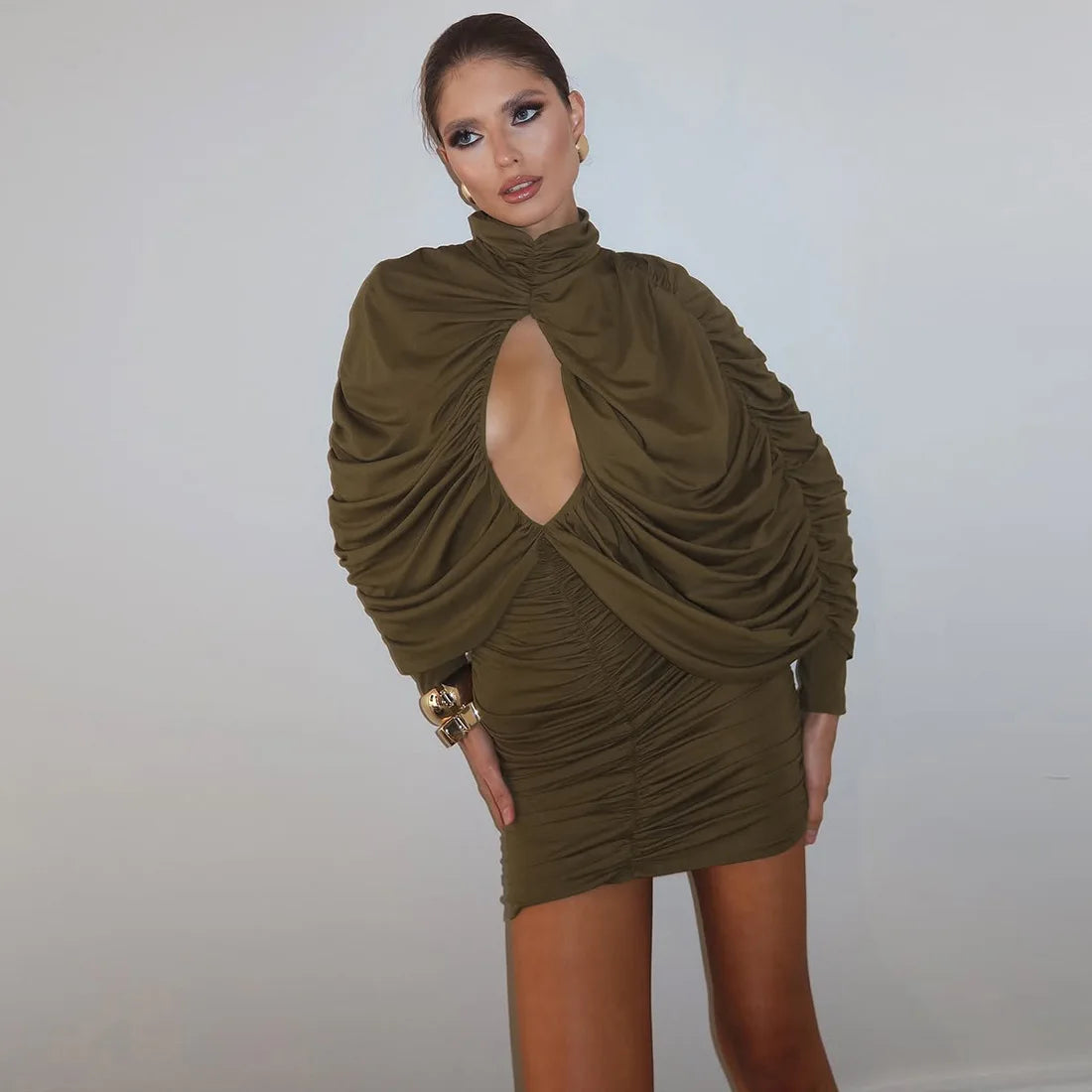 Hollow Out Shirring Turtleneck Long Sleeve Bodycon Mini Dress for Women