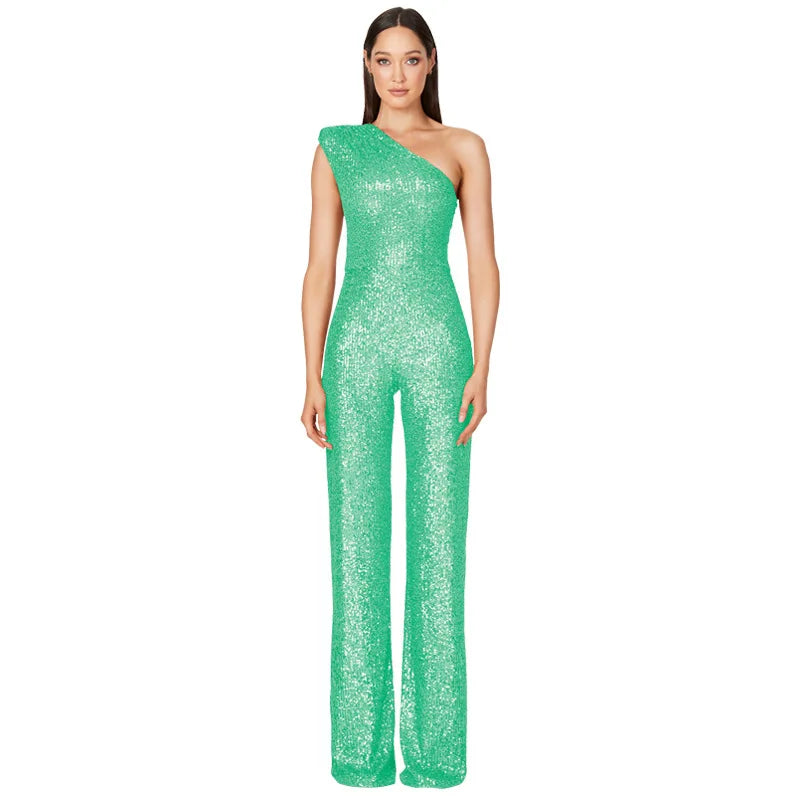 Sequined One Shoulder Wide Leg Jumpsuit