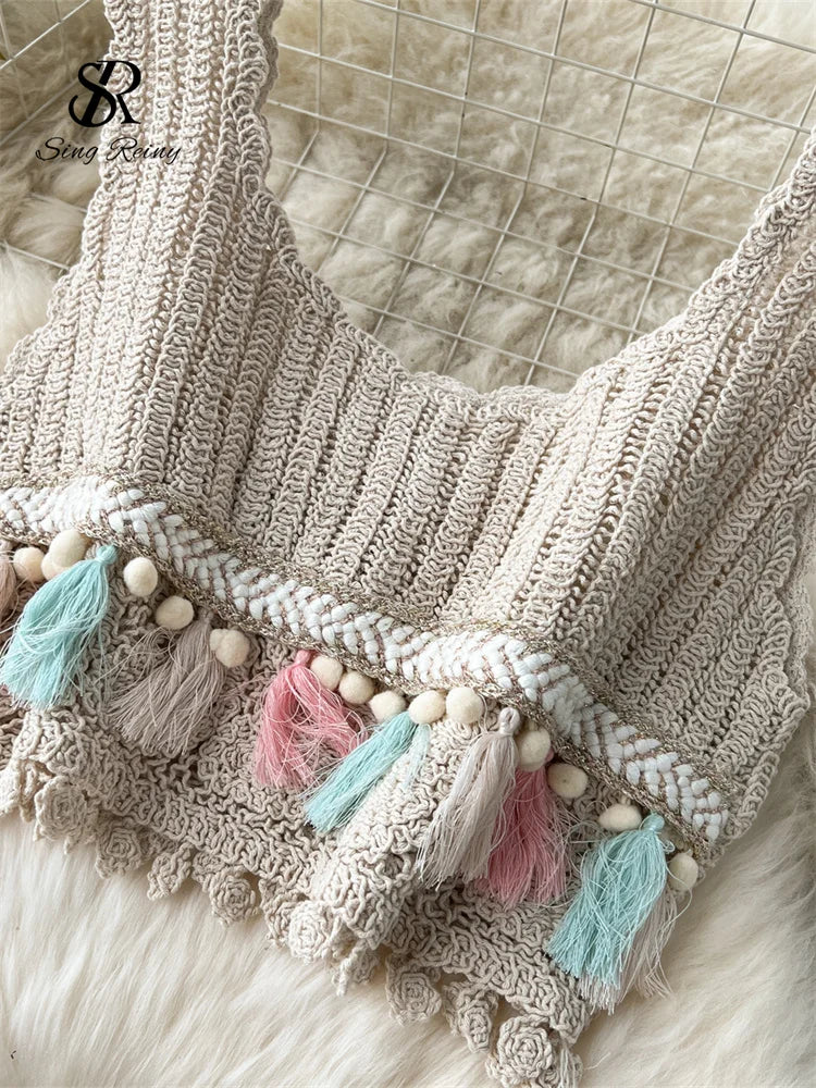 Bohemian Knit Tassel Crop Top and Skirt Set for Women