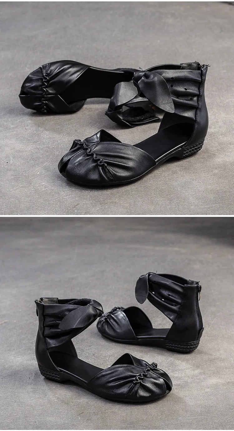 Genuine Leather Breathable Low Heel Peep Toe Sandals for Women