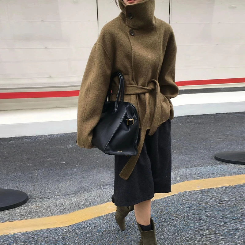 Double Breasted Cropped Jacket With Turn Down Collar for Women