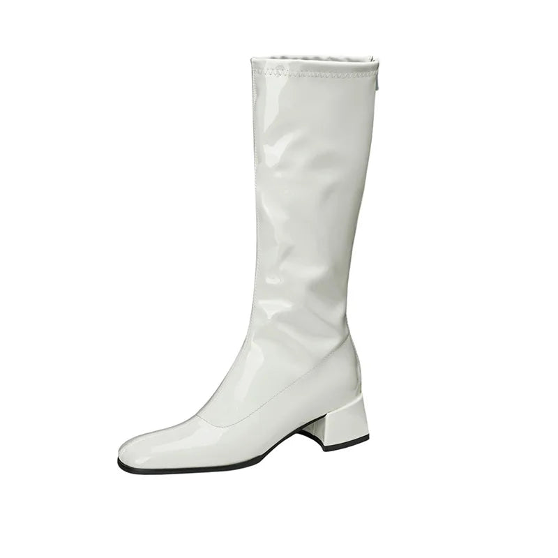 Red Patent Leather Square Toe Knee-High Boots for Women
