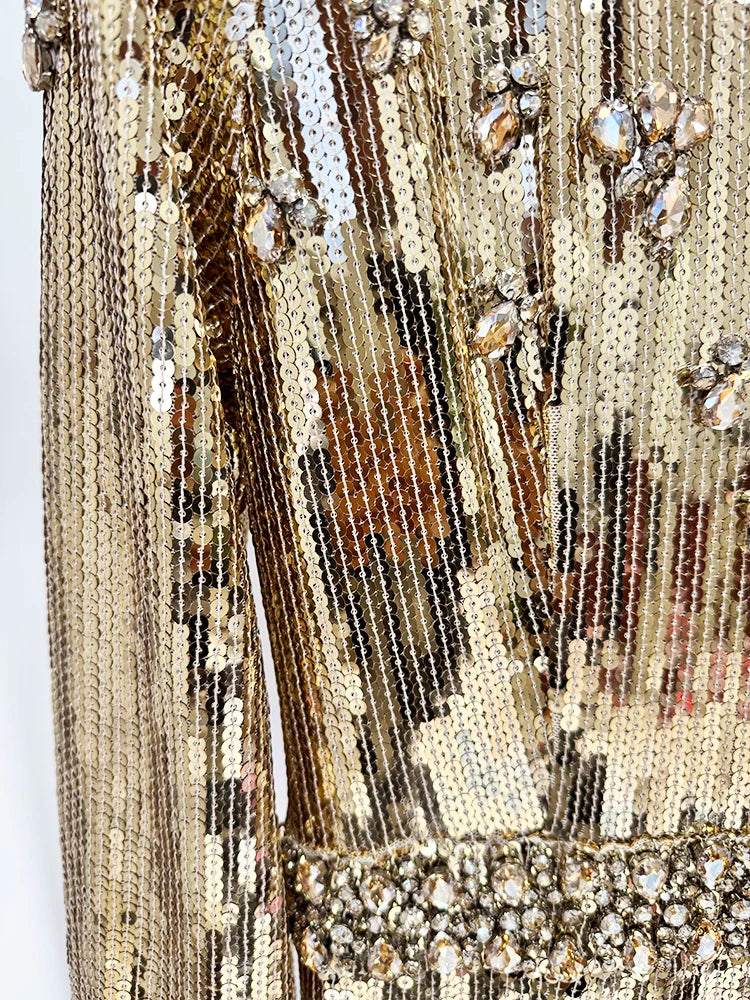 HIGH STREET Newest Fashion 2026 Designer Party Vestido Women's Long Sleeve Gold Sequined Diamonds Long Maxi Dress
