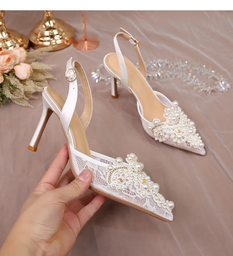 Lace Pearl Beaded Pointed Toe Stiletto Heels for Women