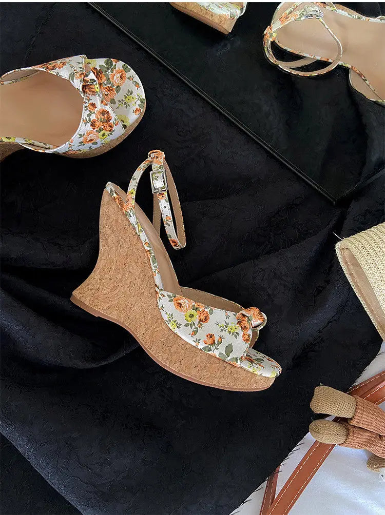 Summer Satin Peep Toe Slingback Wedge Platform Bow Sandals for Women