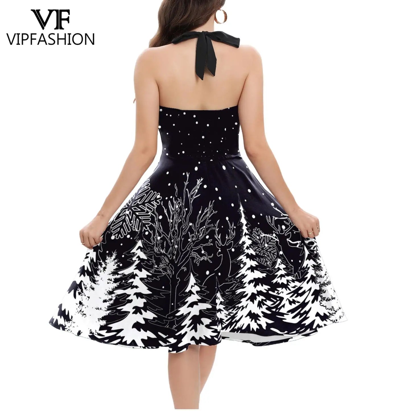 Festive Christmas Tree Print Elegant Midi Dress for Women