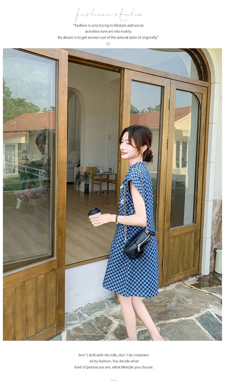 Checkered Ethnic Style Summer Lightweight A Line Dress for Women