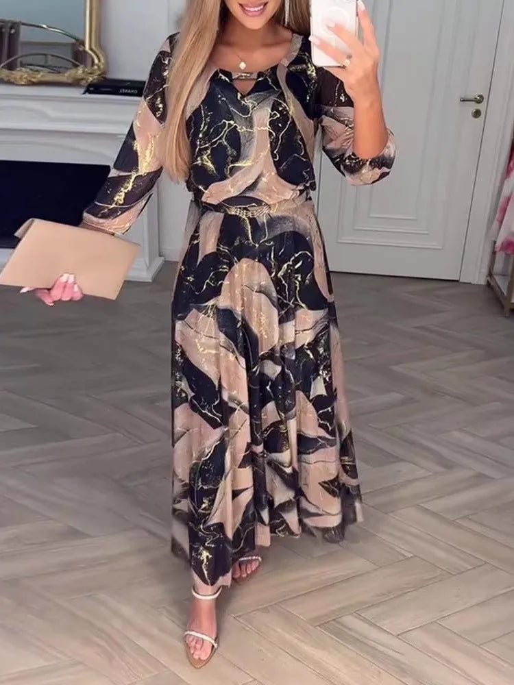 Elegant Cinched Waist Printed Long Dress for Women