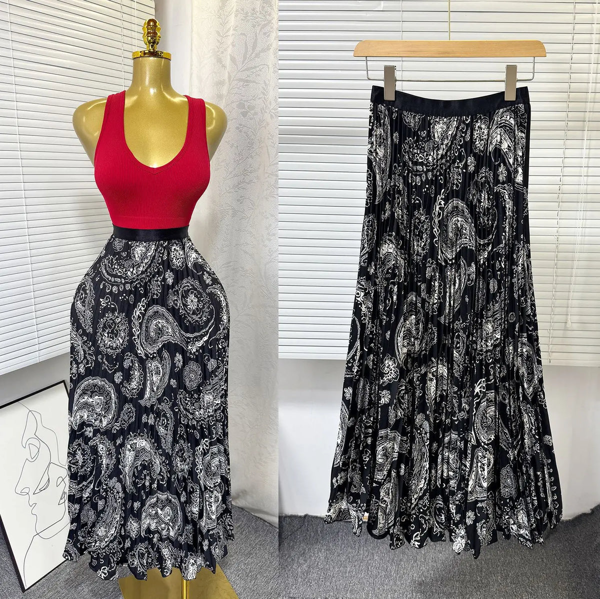 Floral Ruffle A Line Midi Skirt with Elastic Waist for Women