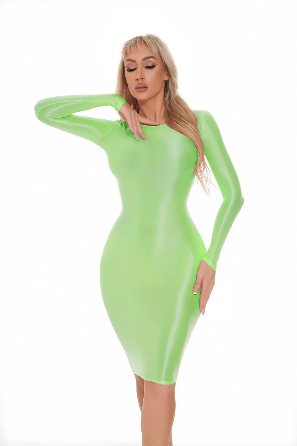 Shiny Long Sleeve Fitted Bodycon Midi Dress for Women