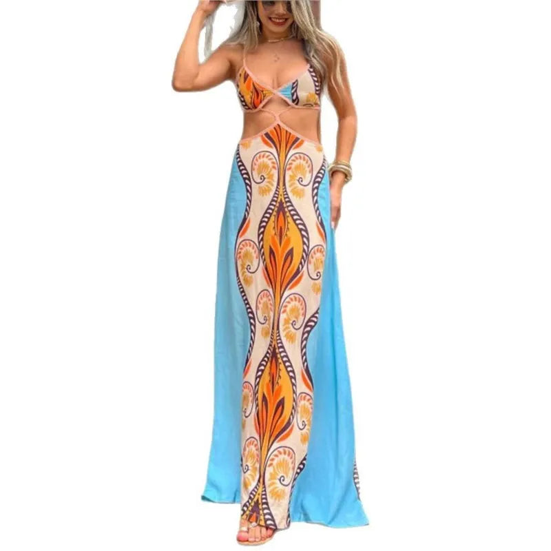 Elegant Deep V-neck Slim Bohemian Dress Women Casual Sleeveless High Waist Long Dress Fashion Pattern Printed Slim Party Dresses
