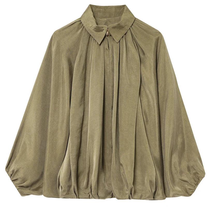 Ruffled Oversized Long Sleeve Bomber Jacket for Women