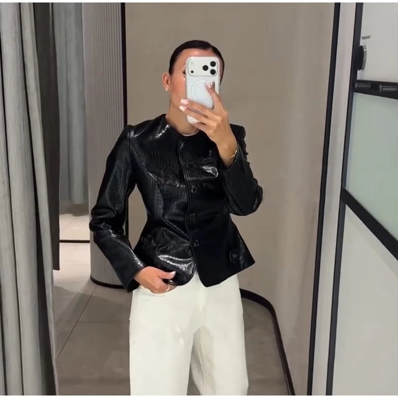 Slim Fit Single Breasted Faux Leather Jacket for Women