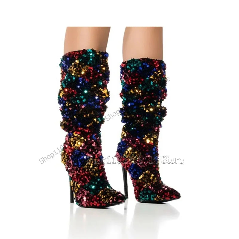 Colorful Pointed Toe Mid Calf Boots With Stiletto Heel for Women