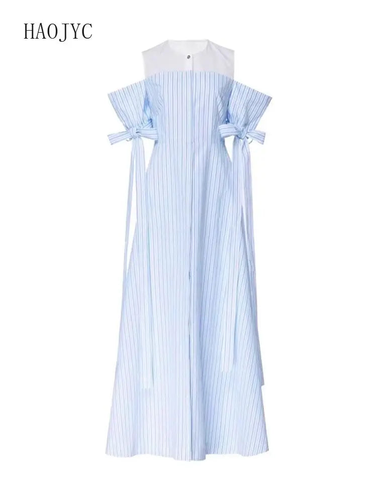 Pinched Waist Striped Split Shoulder Midi Dress for Women