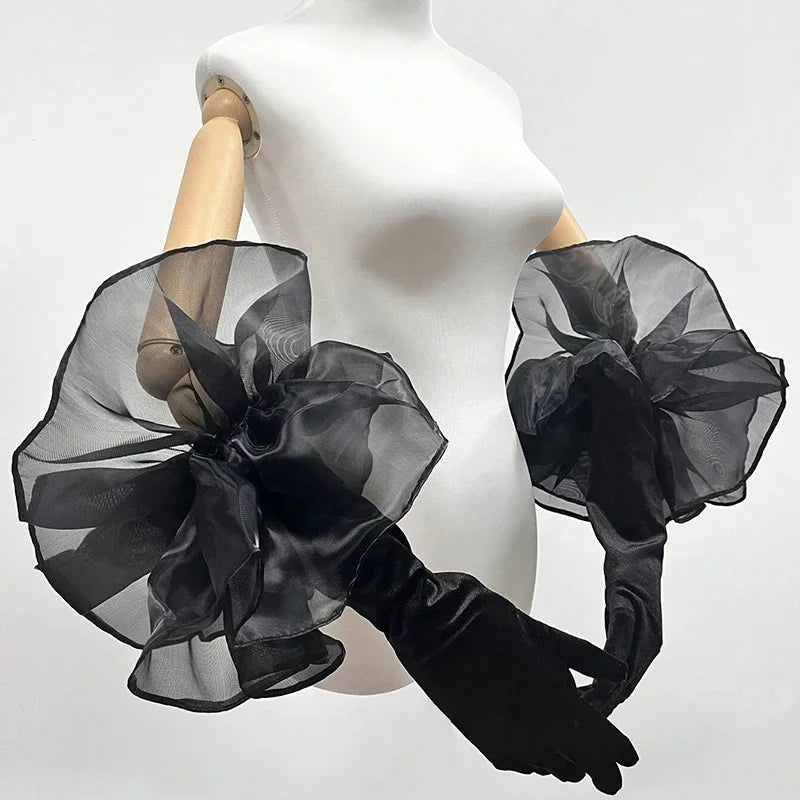 Elegant Velvet Elbow Length Ruffle Gloves for Women