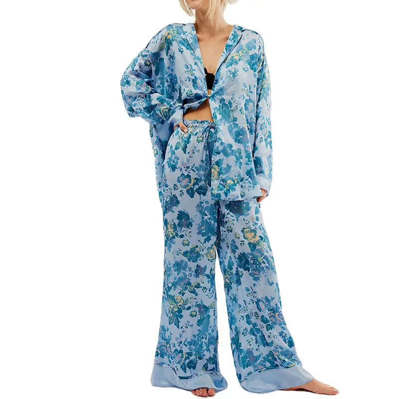 Casual Print Blouse and Wide Leg Pants Set for Women