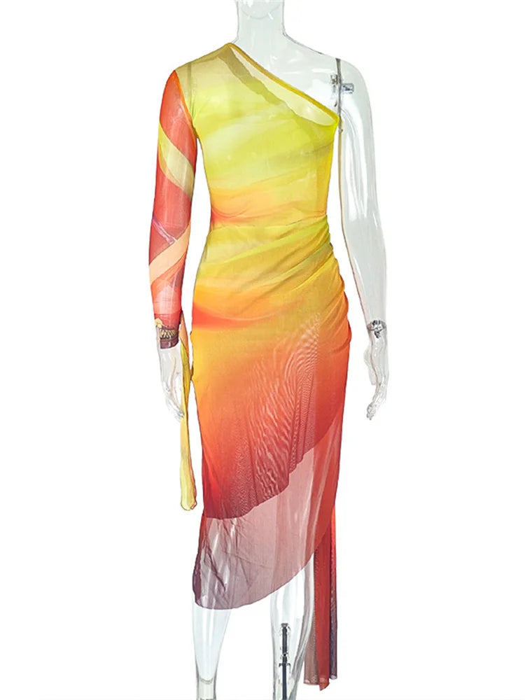 Elegant Gradient Mesh Shirred Midi Dress for Women