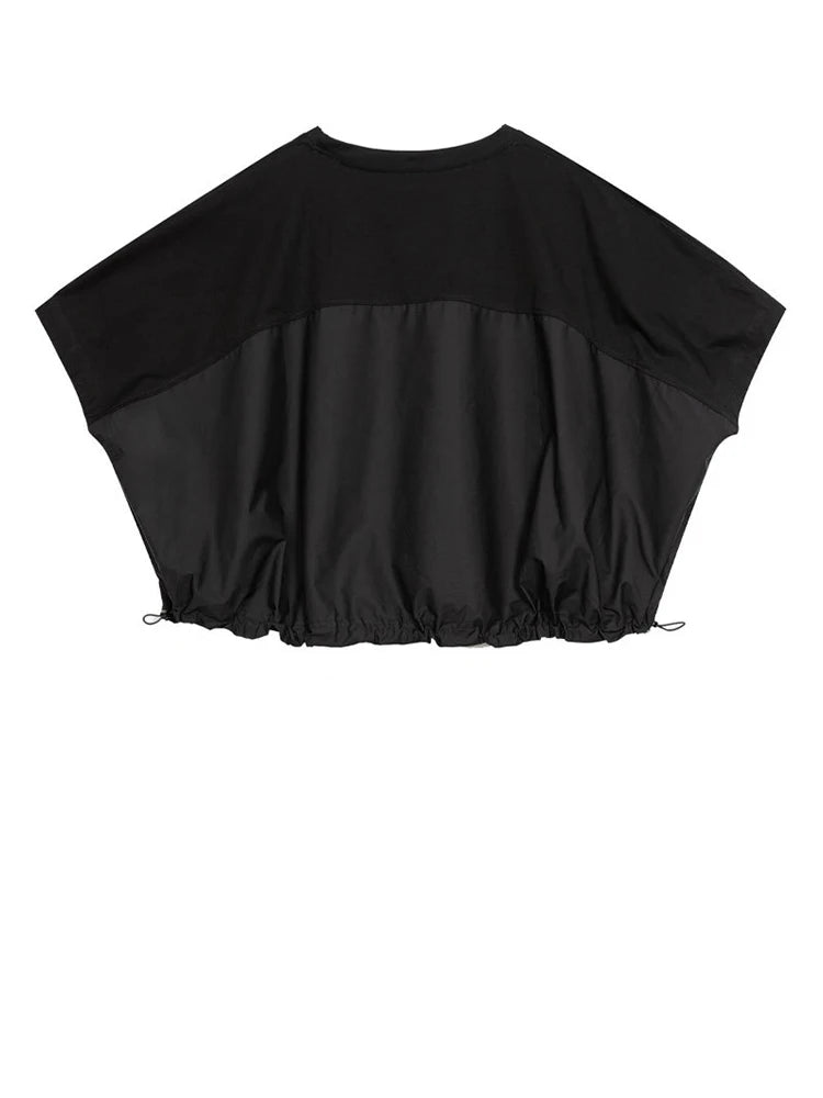 [EAM] Women Black Drawstring Big Size Casual T-shirt New Round Neck Short Batwing Sleeve Fashion Tide Spring Summer 2025 1DJ1031