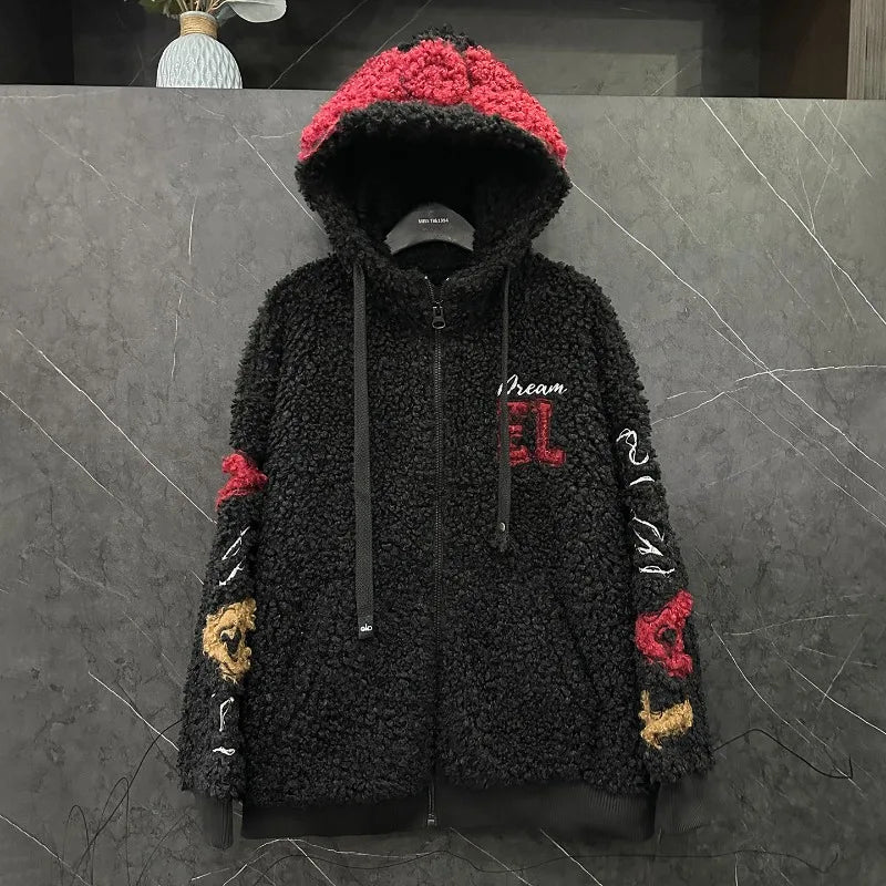 2025 Autumn Winter Heavy Industry New Cartoon Lamb Wool Hooded Cardigan Coat For Women's Loose Casual Sweet Top Zipper Jacket