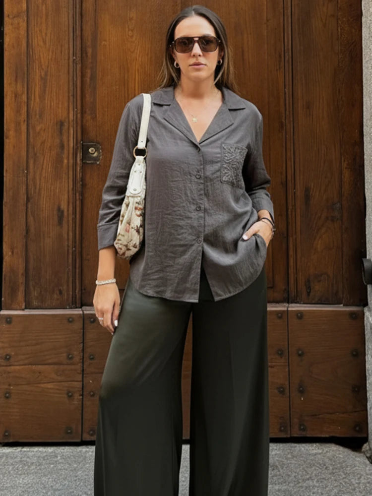 Casual Long Sleeve Pocket Embroidered Shirt for Women
