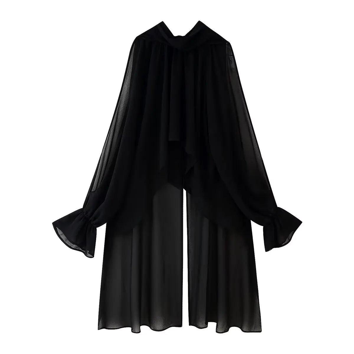 Vintage Chiffon Tiered Ruffle Sleeve Blouse with High Neck for Women