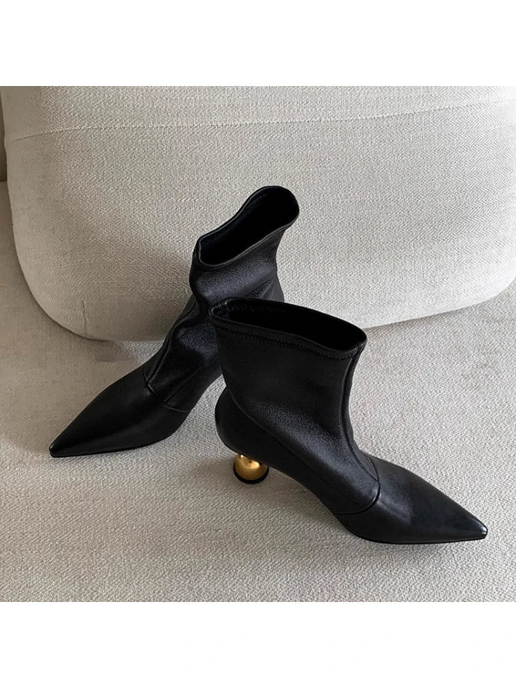 Pointed Toe Pleated Soft Leather Ankle Boots For Women