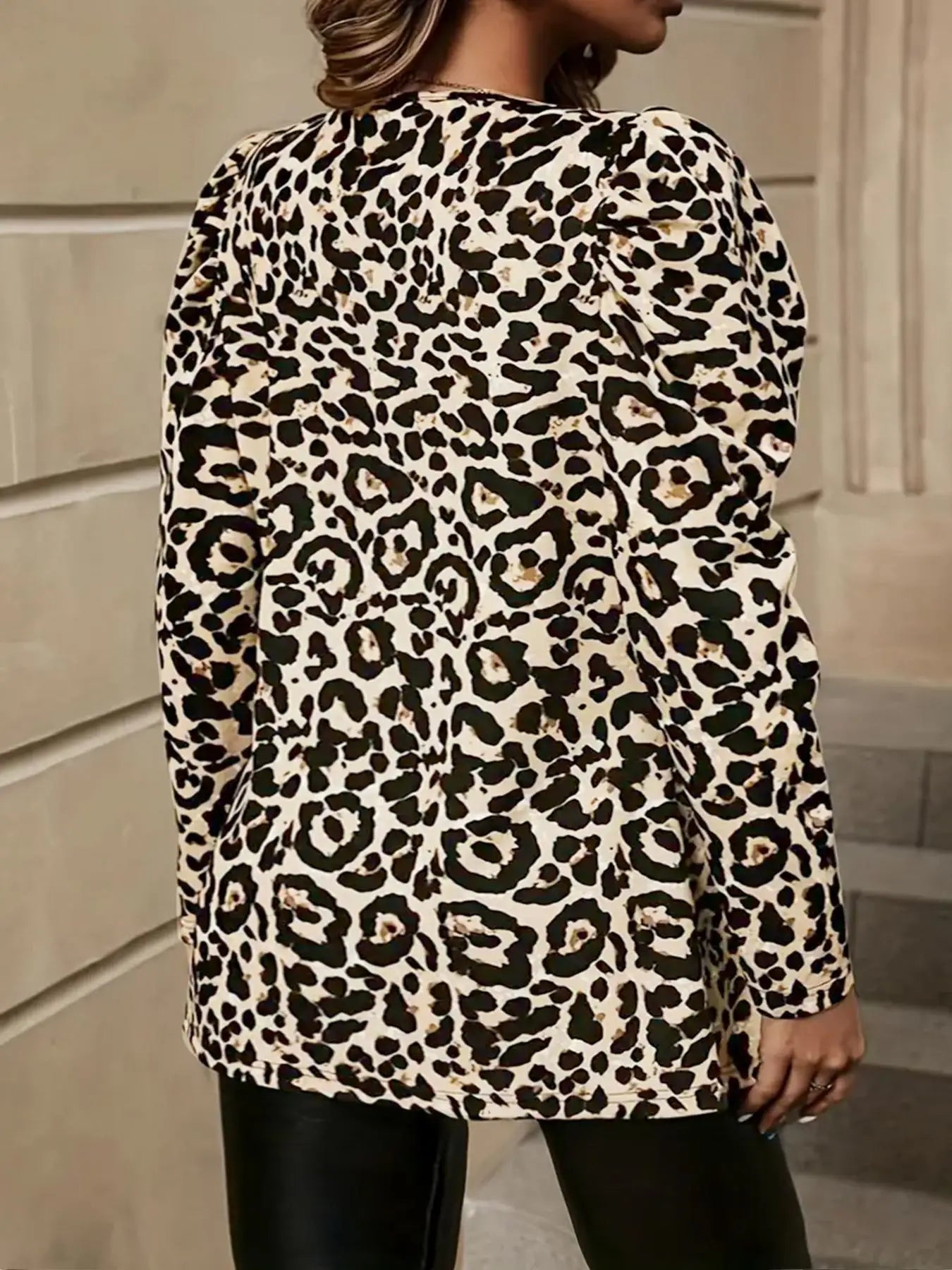 【Plus Size】 Leopard Print Puff Sleeve Open Front Jacket, Casual Long Sleeve Outerwear for Fall & Winter, Women's Clothes for Dai