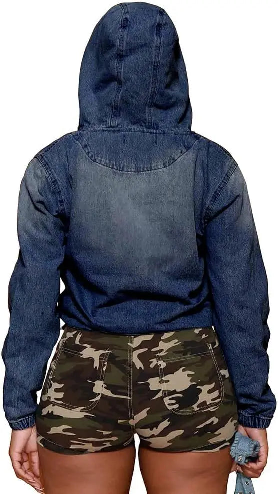 Hooded Denim Pullover Casual Short Jacket for Women